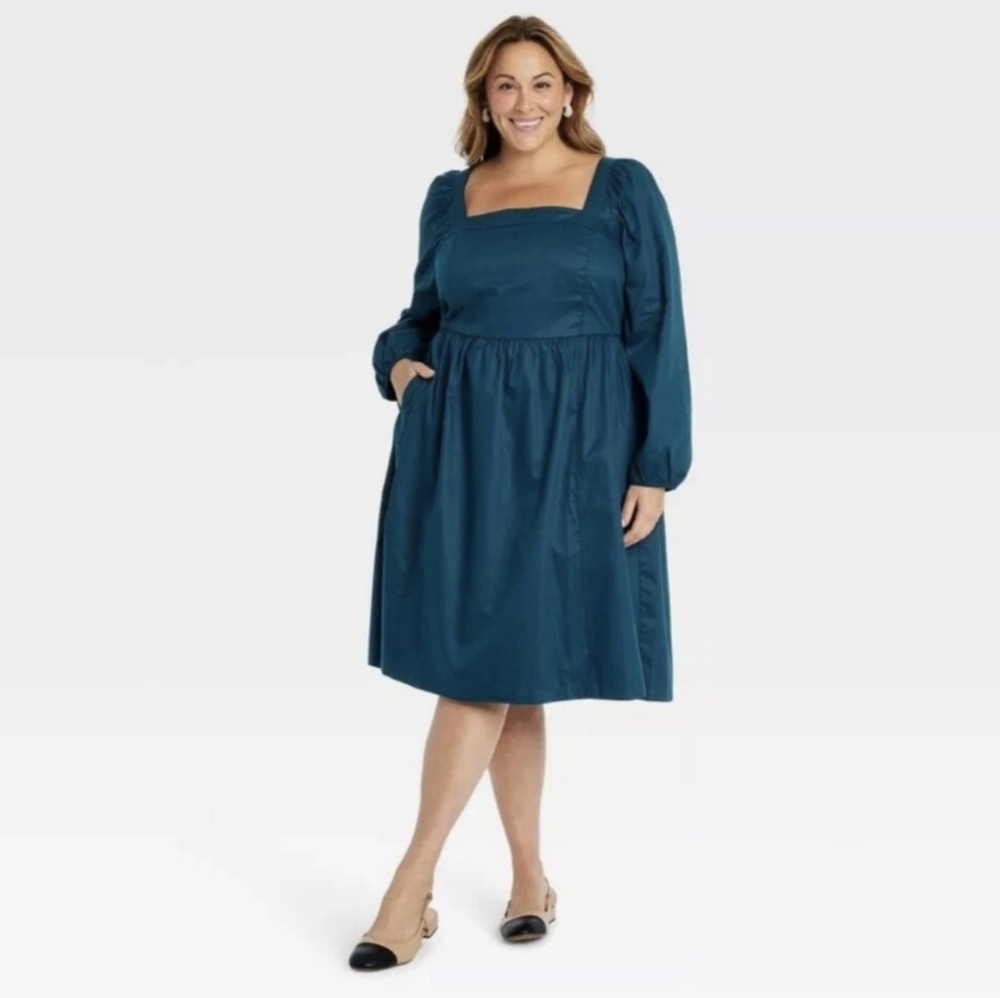Ava & Viv Women's Balloon Long Sleeve Midi A-Line Dress NWT